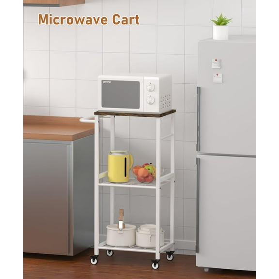 3-Tier Rolling Kitchen Cart Microwave Stand on Wheel, Movable Coffee  Cart with Metal Handle, Bakers Rack with 8 Hooks Utility Cart for Living Room, Bedroom, Bathroom, Office, White