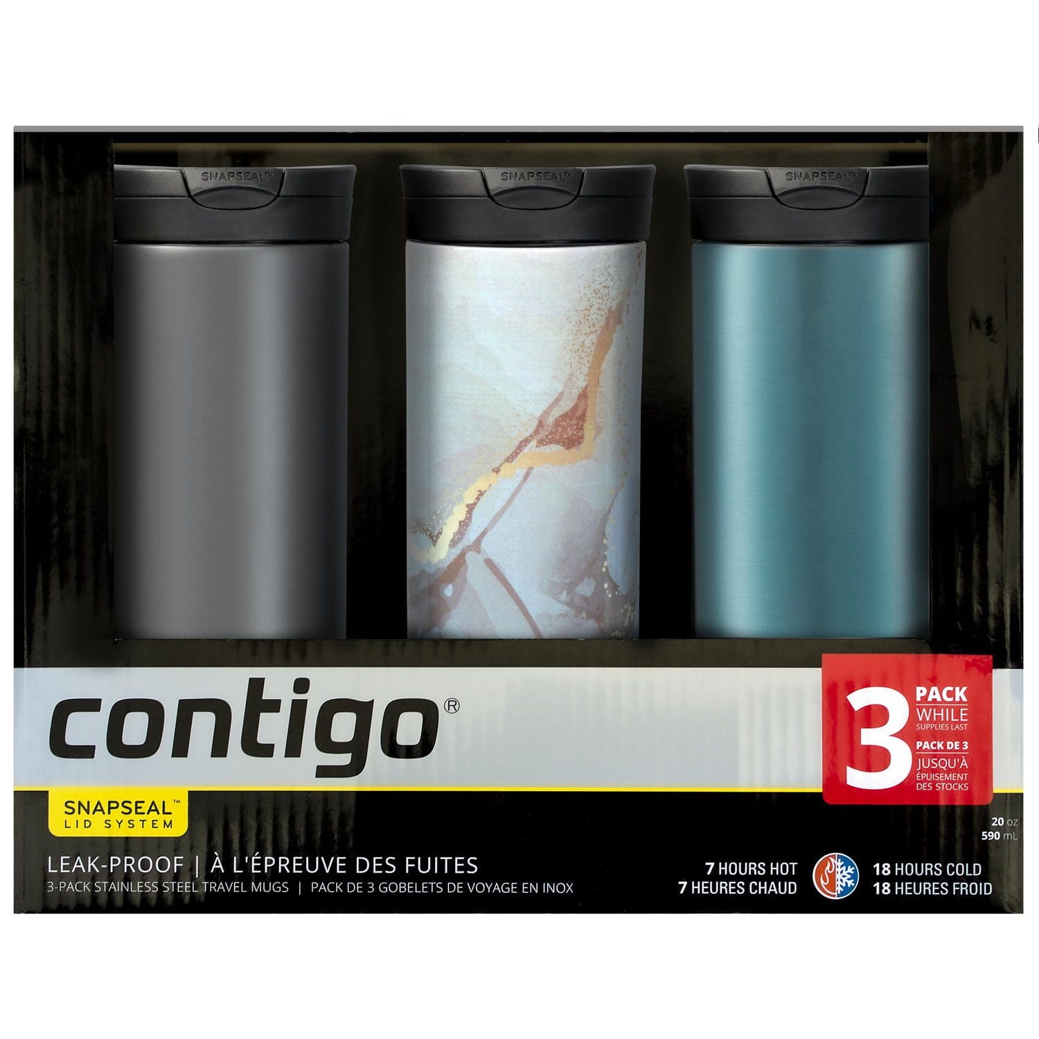 Contigo 590mL Huron SnapSeal Gobelet de Voyage Isolé, Paquet de 3 20oz/590ml, Sans BPA