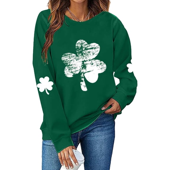Ohufall St Patricks Day Shirt Women Crewneck Sweatshirt Shamrock Long Sleeve Shirt Irish Lucky Four Clover Sweater Spring Pullover Tops