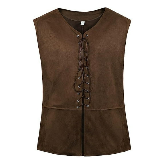 Lohuatrd Men Vintage Vest Medieval V Neck Sleeveless Lace Up Cardigan Solid Color Thin Steampunk Renaissance Gothic Style Waistcoat