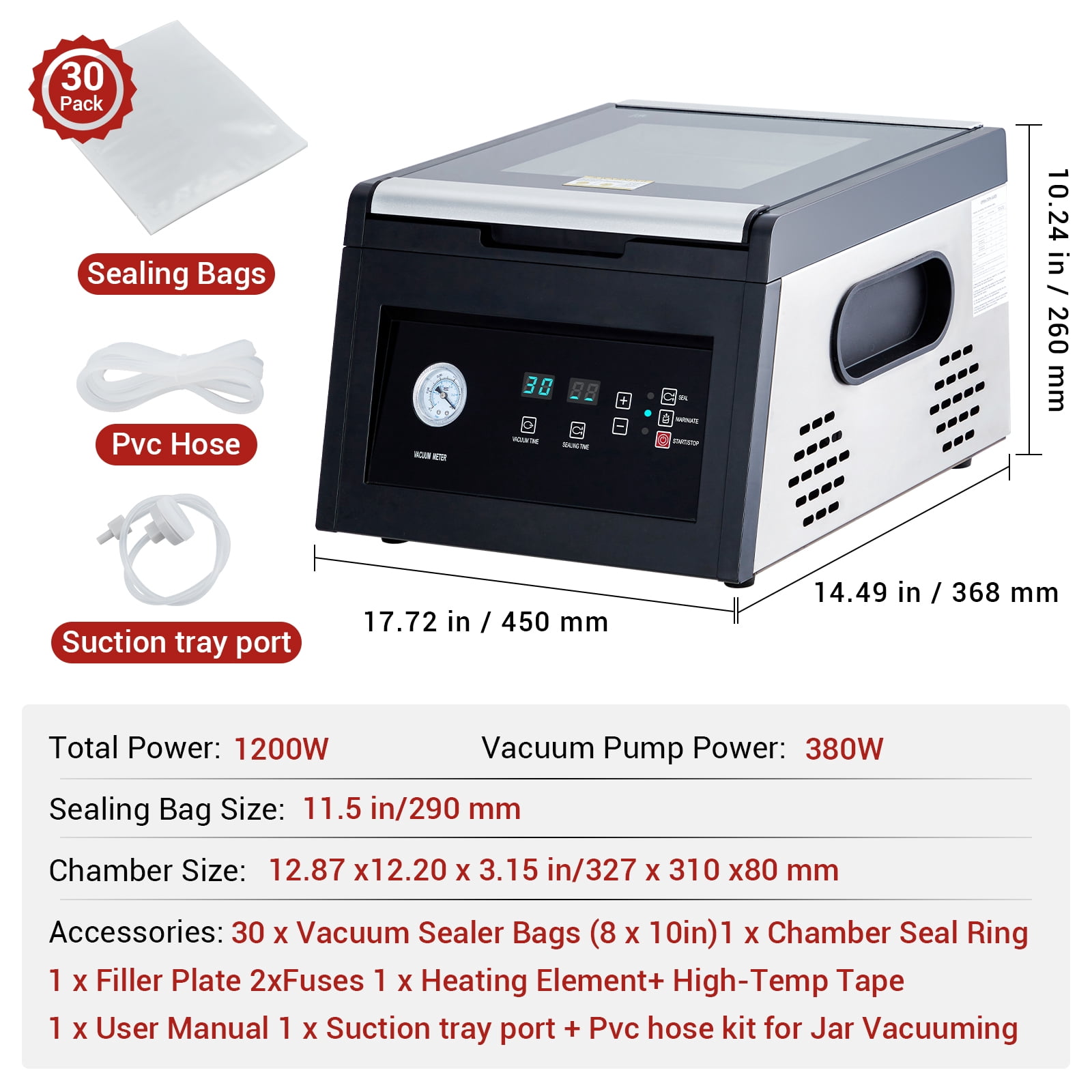11.5" Heavy-Duty Chamber Vacuum Sealer Machine, High-Performance Food Vacuum Sealer with Marinades Function, Ideal for Home and Commercial Food Preservation, Professional Meat Saver Vacuum Sealer