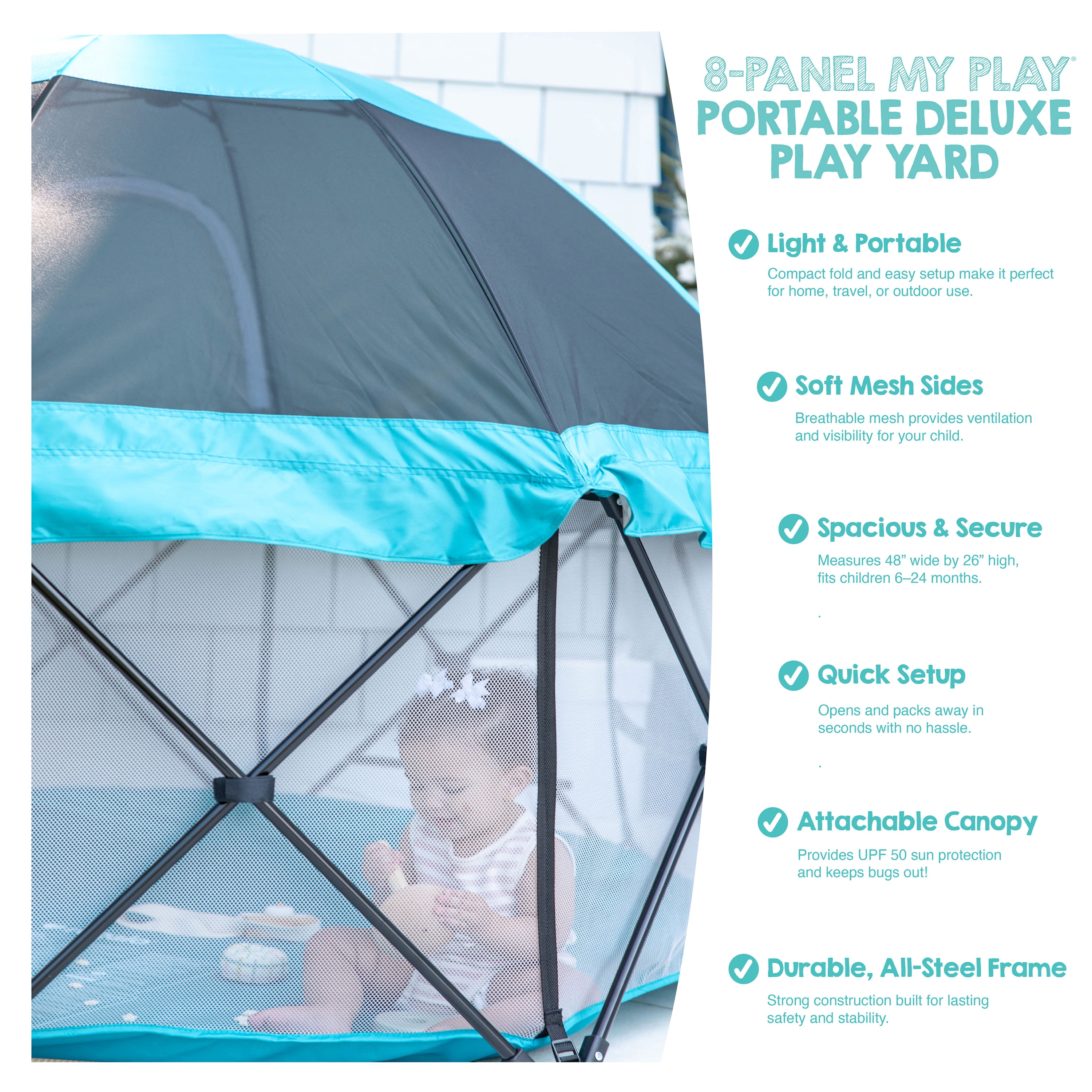 Regalo My Play 8 Panel Foldable and Portable Play Yard with Full UV Canopy, Teal