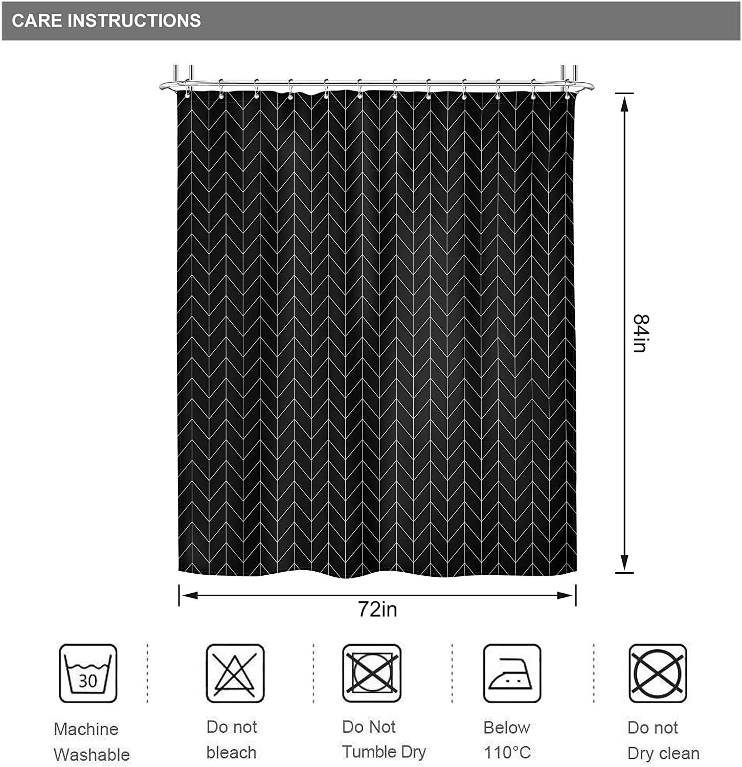 Herringbone Chevron Shower Curtain Extra Long 72x84 Inch Black Geometric Striped Modern Fashion Panel Decor Fabric Bathroom Set Polyester Waterproof 12 Pack Hooks