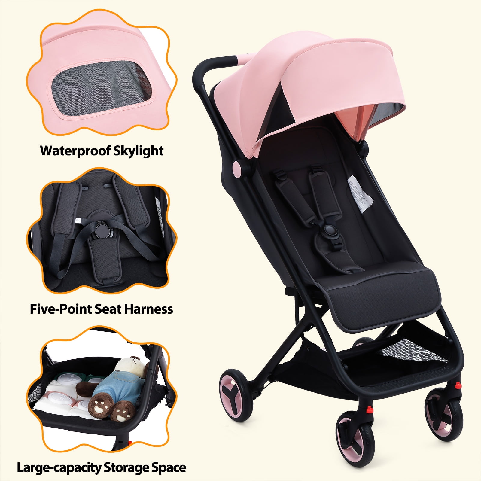 Kojooin Lightweight Baby Stroller, Compact Umbrella Stroller with Adjustable Sunshade/Footrest/Backrest, Folds with One Hand, Suitable for Newborns, and Can Be Taken On Board