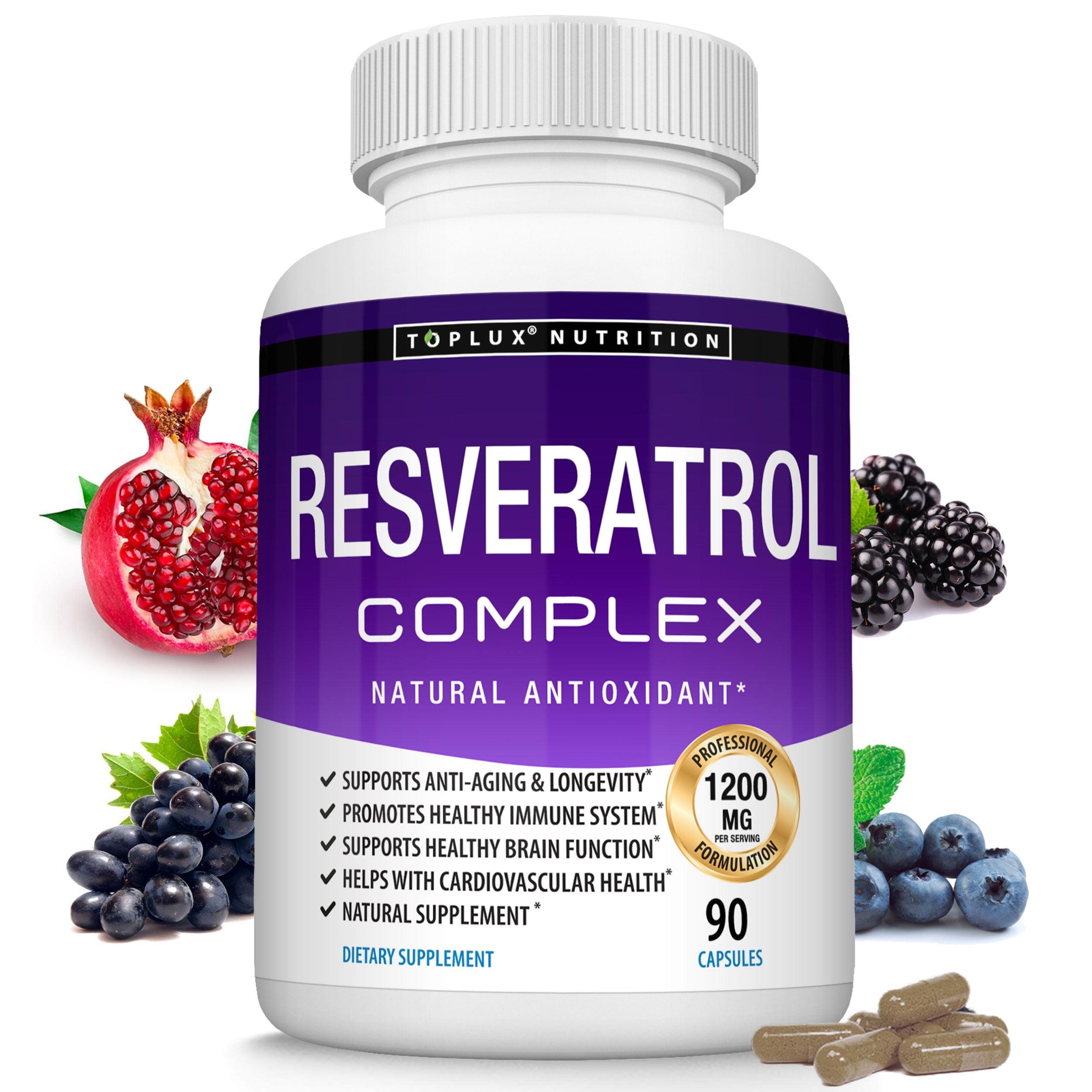 Toplux Resveratrol Supplement 1200mg Antioxidant Support 90 Capsules