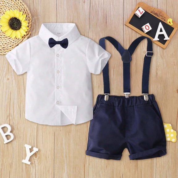 JCCXIN Boys Outfit Sets Formal Casual Wedding Toddler Suit Summer Breathable Comfortable Stylish Gentleman Dress Shirt Suspenders O-Neck Tops Shorts Two Piece Set Birthday Clothes Sets