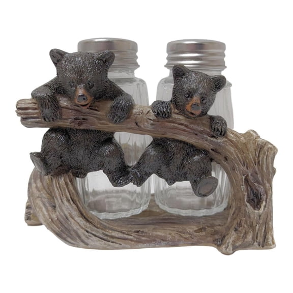 Rustic Bear Salt and Pepper Shakers with Tree Branch Holder for Cabin Decor