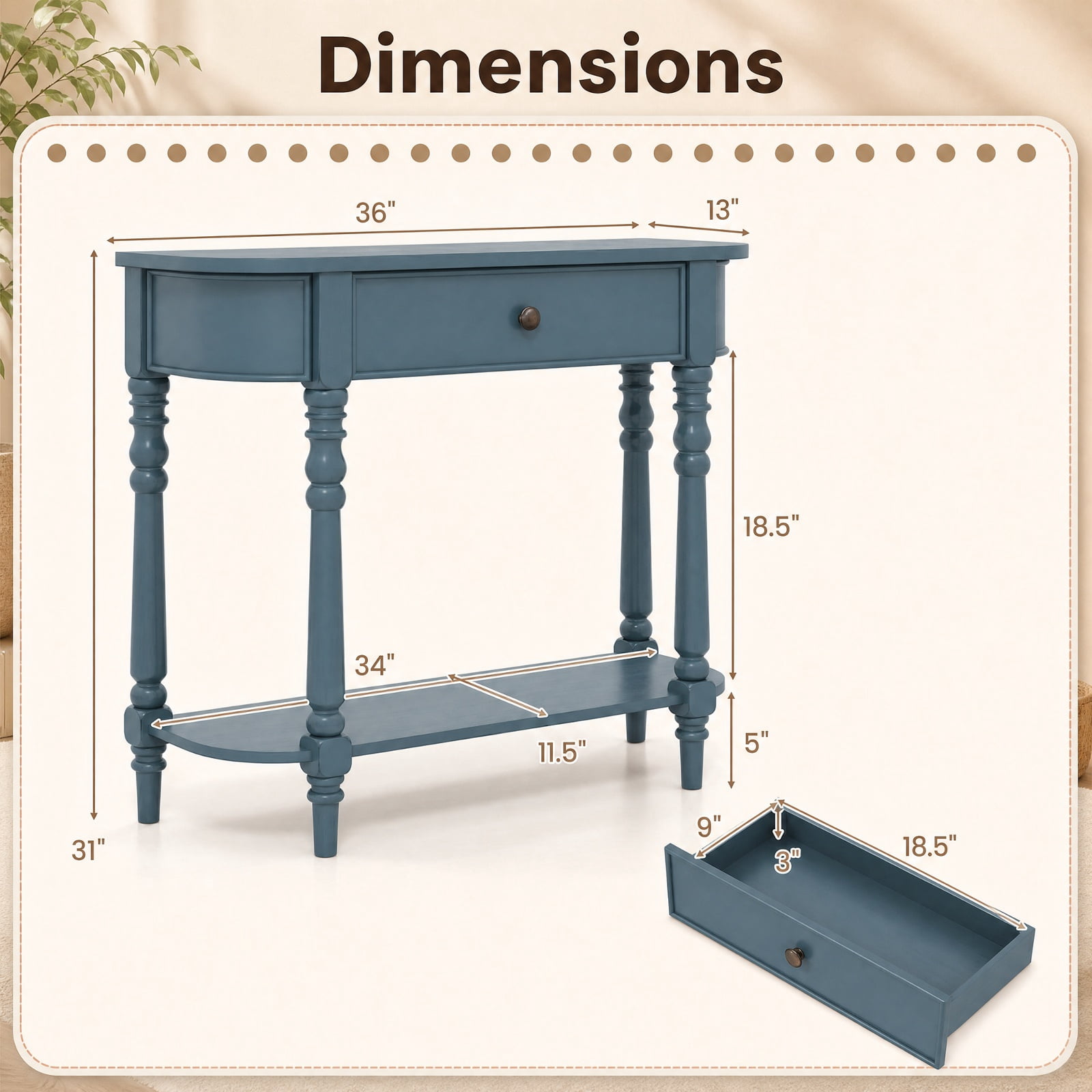 Furnibear Retro Narrow Console Table 36 Inch Wooden 2 Tier Sofa Table with Drawer for Entryway Hallway and Behind Couch, Blue