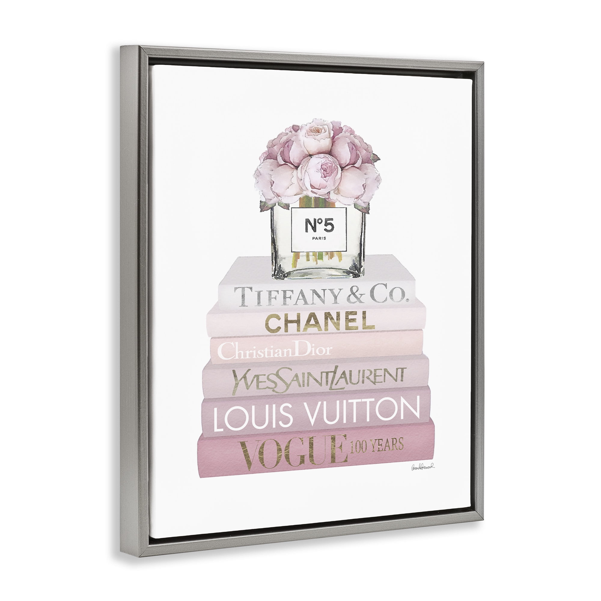 Stupell Industries Pink Rose Bouquet Bookstack Beauty & Fashion Painting Gray Floater Framed Canvas Art Print Wall Art, 25 x 31