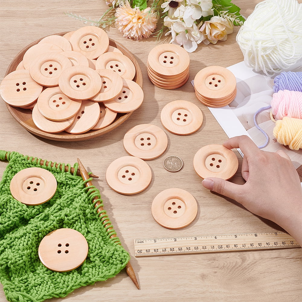 44Pcs Wood Buttons 4-Hole Flat Round White 60x5mm Hole: 5mm