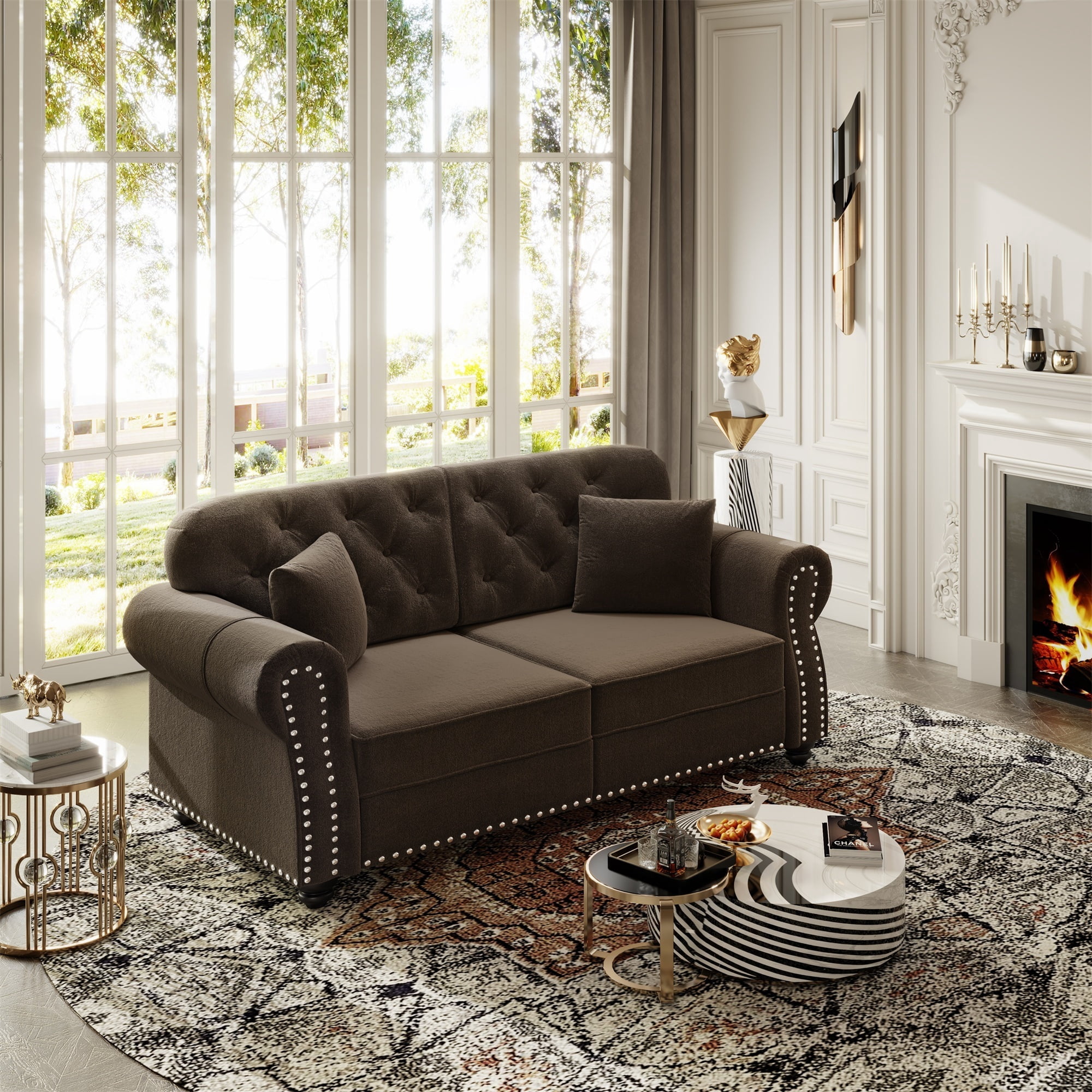 Alvantor 63" Loveseat Sofa Upholstered Velvet Couch with Nailhead Trim and Rolled Armrests, Mid-Century Modern Sofa, Brown