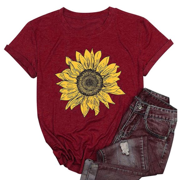 SELONE Tshirts Shirts for Women Short Sleeve Tops Blouses Regular Fit T Shirts Pullover Tees Tops Sunflower Print T-Shirts Crew Neck Tops Casual Blouses Easy Care Soft Breathable Pullover Tops Red XL