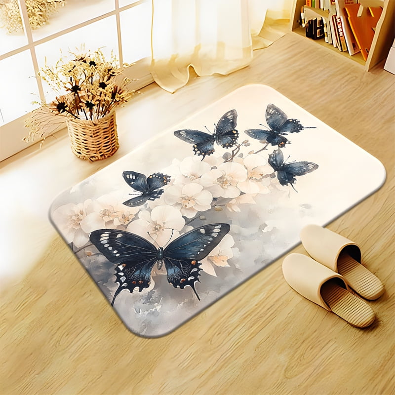Stylish watercolor butterfly and floral print doormat - non-slip machine washable polyester rug suitable for bedrooms living rooms and bathrooms - also perfect for camping picnics and yoga.