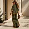 thumbnail image 4 of Szluipve Linen Sets for Women 2 Piece 2 Piece Linen Outfit Contrast Trim 3/4 Sleeve Crew Neck Top & Wide Leg Pants Set Loose Casual Beach Vacation Tracksuit Suit Blue L, 4 of 7