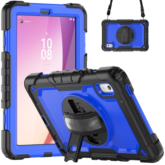 JiaheCover for Lenovo Tab M9 (2023) 9.0" Built-in Screen Protector Case,Shockproof Heavy Duty with 360° Rotating Kickstand Adjustable Shoulder Strap Three-Layer Protection Case,Black   Blue