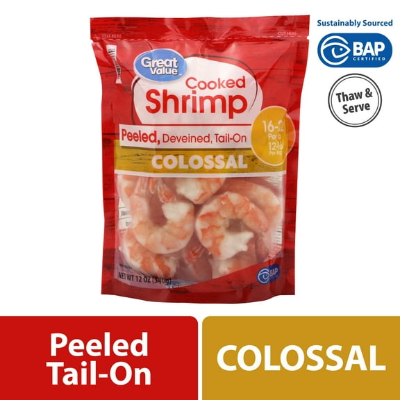 Great Value Frozen Cooked Colossal, Peeled & Deveined Tail-on Shrimp, 12 oz (16-22 Count per lb)