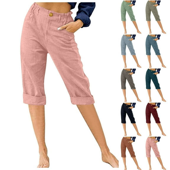 AGWOLF Women's Summer Capri Pants 2025 Cotton Linen Straight Leg Cropped Trousers High Waist Knee Length Casual Pant with Pockets