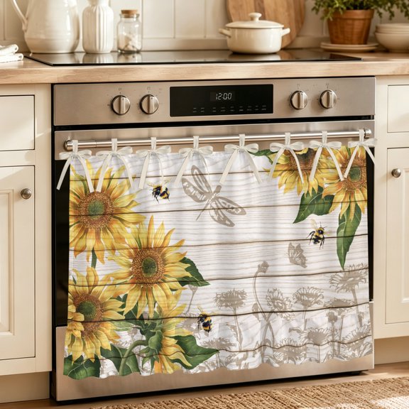 Oven Skirt Curtain for Kitchen 20x27 Inch, Sunflowers Oven Curtain with 8 Ribbon Ties & Ruffle Trim, Stove Skirt Curtain Dishwasher for Cabinets Over Sinks Farmhouse Botanical Flowers Bees Wooden