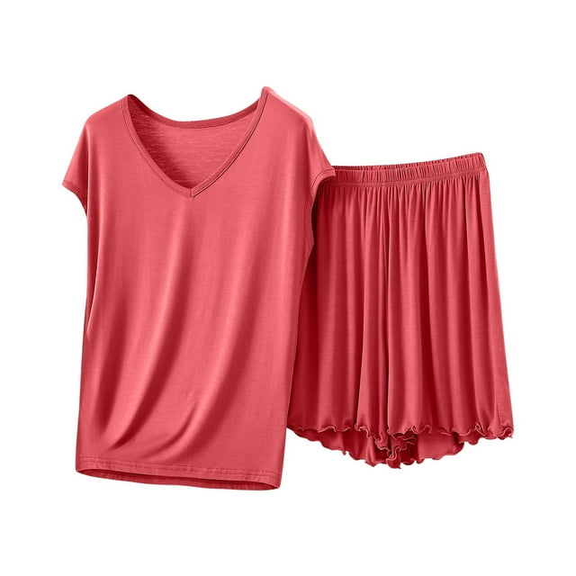 Ensemble de Pyjama Modal pour Femmes Deux Pièces Vêtements de Nuit d'Été Manches Courtes Shorts Confortables Rouge, m