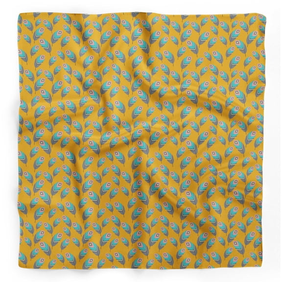 Bimba Gold Peacock Feather Printed Pure Silk Scarf For Hair Neck Head Bandanas For Women 40 x 40 Inches