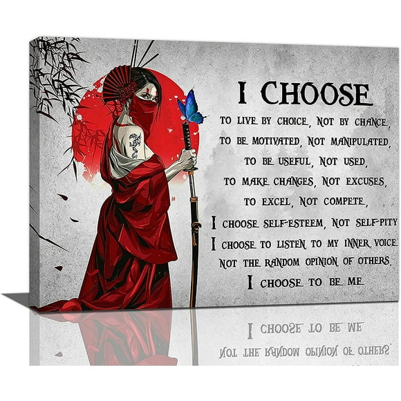 AIR-Motivational Japanese Samurai Wall Art Women Red Moon Canvas Decor Inspirational Quotes I Choose Pictures Print Paintings Framed Artwork Home for Office Living Room Gym 12''x16''