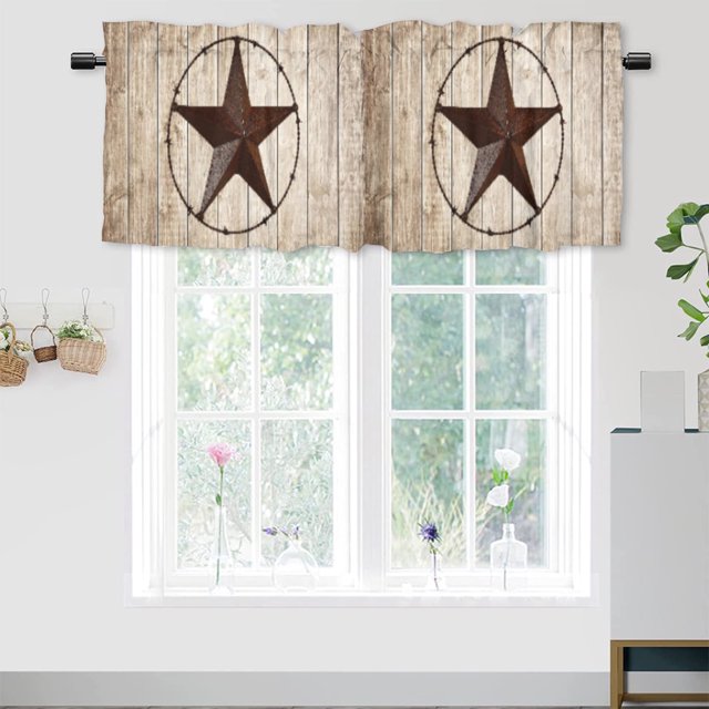Cortinas con cenefa de estrella de Texas, estilo rústico, marrón, de madera, estilo granero, estilo campestre, opacas, con aislamiento térmico, con bolsillo para varilla, 54 x 18 pulgadas (1 unidad)