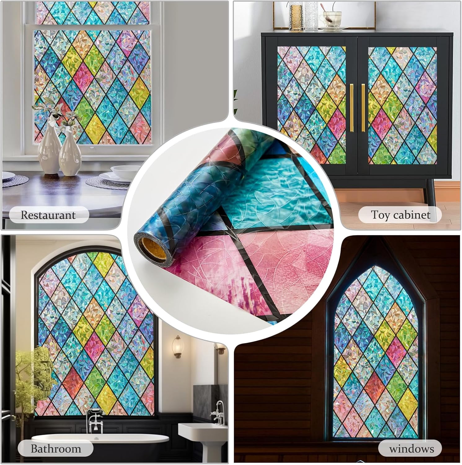 Fancy-Fix Stained Glass Window Film, Rainbow Window Privacy Film Decorative, Sun Blocking Window Tint For Home, Heat Control Anti UV Door Window Cover, 35.4" X78.7 "