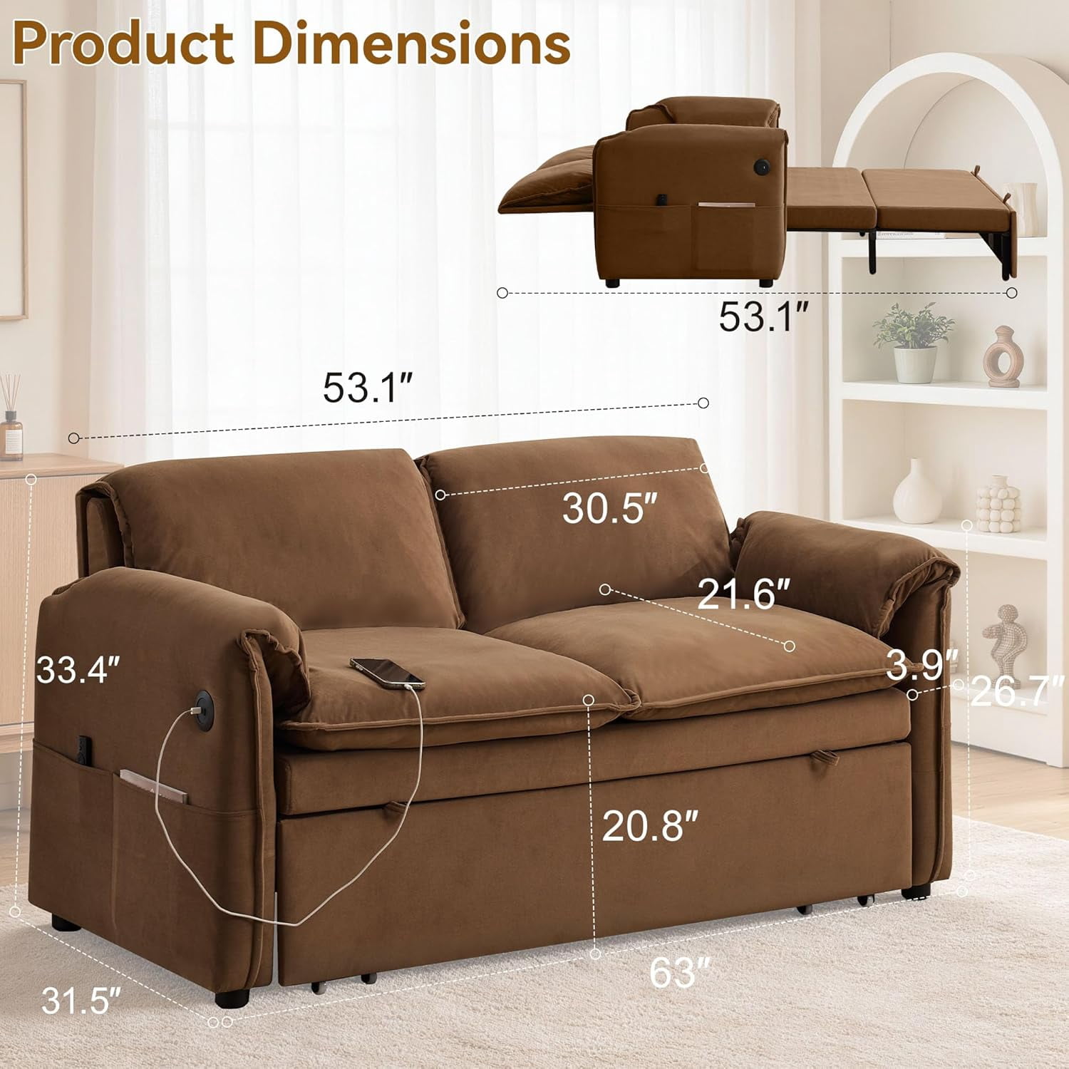 63" Velvet Pull Out Couch, 3-in-1 Convertible Sleeper Sofa Bed with Adjustable Backrest, USB Charging Ports, Side Pockets, Modern Loveseat for Living Room, Bedroom, Apartment, Brown