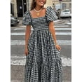 thumbnail image 3 of Black and White Gingham Boho Midi Dress for Women Puff Sleeve Cinched, 3 of 7