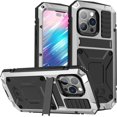 thumbnail image 1 of Estuche de metal para iPhone 14 Pro, carcasa resistente de aluminio de grado militar con soporte de metal, protector de pantalla, carcasa completa a prueba de caídas y golpes, color plateado, 1 of 8