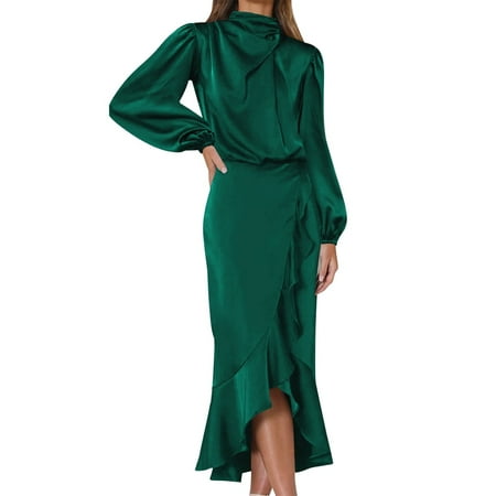 IDOPIP Women s Elegant Long Sleeve Satin Dress Mock Neck Elastic Waist Cocktail Party Maxi Dress