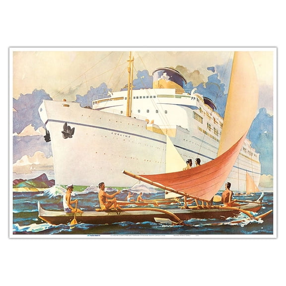 SS Lurline Ocean Liner and Hawaiian Outrigger Sailing Canoe (Wa a) - Vintage Ocean Liner Travel Poster c.1930s - Master Art Print 10in x 14in