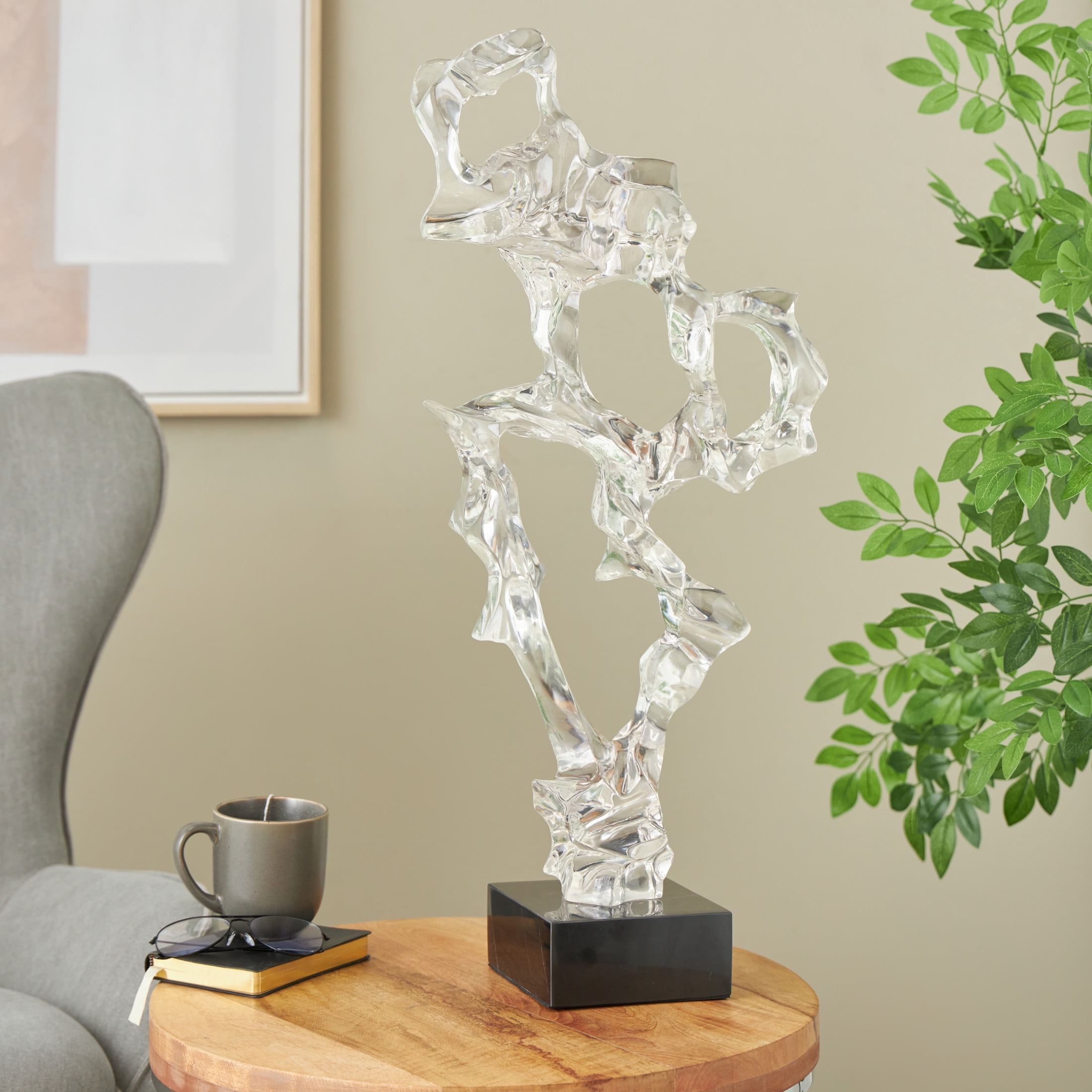 14" x 29" Clear Resin Abstract Sculpture with Black Square Base, by DecMode