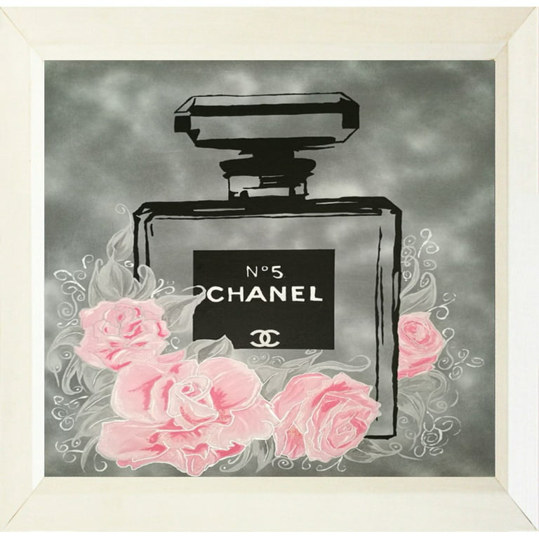 FRAMED Pink Roses Floral Chanel No. 5 By Pop Art Queen 18x18 Painting Print  White Frame