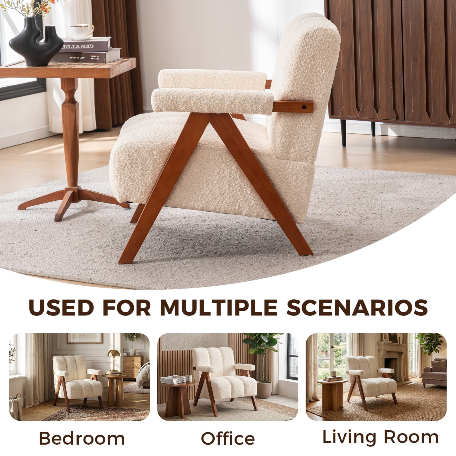 Mid-Century Modern Accent Chair Cloud-Shaped Chenille Lounge Armchair with Solid Oak Wood Frame, Upholstered Reading Chair for Living Room Bedroom Balcony, Beige