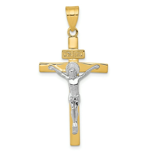 14k Jaune and Or Blanc Deux Tons INRI Crucifix Pendentif Longueur 44mm