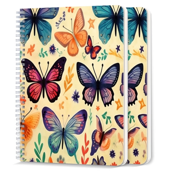 Spiral Notebook,College Ruled Journal,8.26" x 5.71" 50 Sheets/100 Pages,2 Pack - Colorful Butterflies in Various Sizes