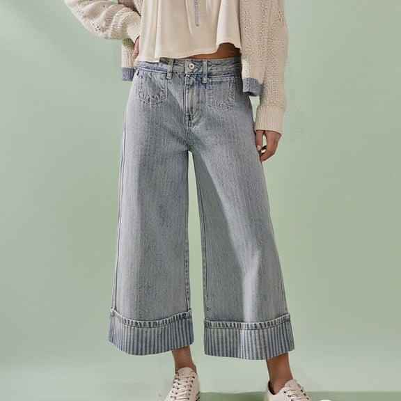 LEKWK Capri Jeans for Women High Waist Casual Wide Leg Jeans with Pockets Striped Cuff Soft Breathable Denim Pants Straight Leg Spring Outdoor Daily Wear