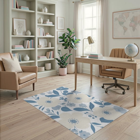 ODIKA 4'x6' White Blue Blossom Elegance for Modern Washable Area Rug Chic Floral Design with Serene Accents Pet Friendly, Non-Shedding for Bedroom, Reading Nook