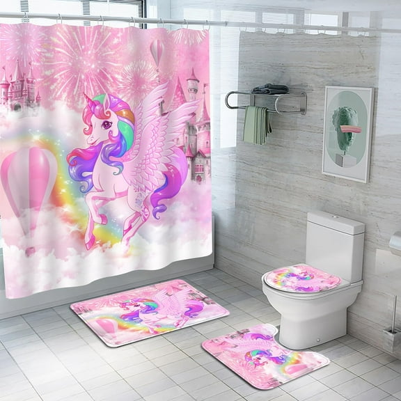 4Pcs Unicorn Sticker Kids Shower Curtain Set with Bath Mat, Non-Slip Bathroom Rugs and Toilet Lid Cover, Waterproof Purple Shower Curtain Set with Hooks, Girls Kids Bathroom Decor Sets