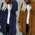 thumbnail image 3 of Women Solid Color Plush Faux Fur Warm Long Sleeve Hooded Midi Coat Cardigan, 3 of 7