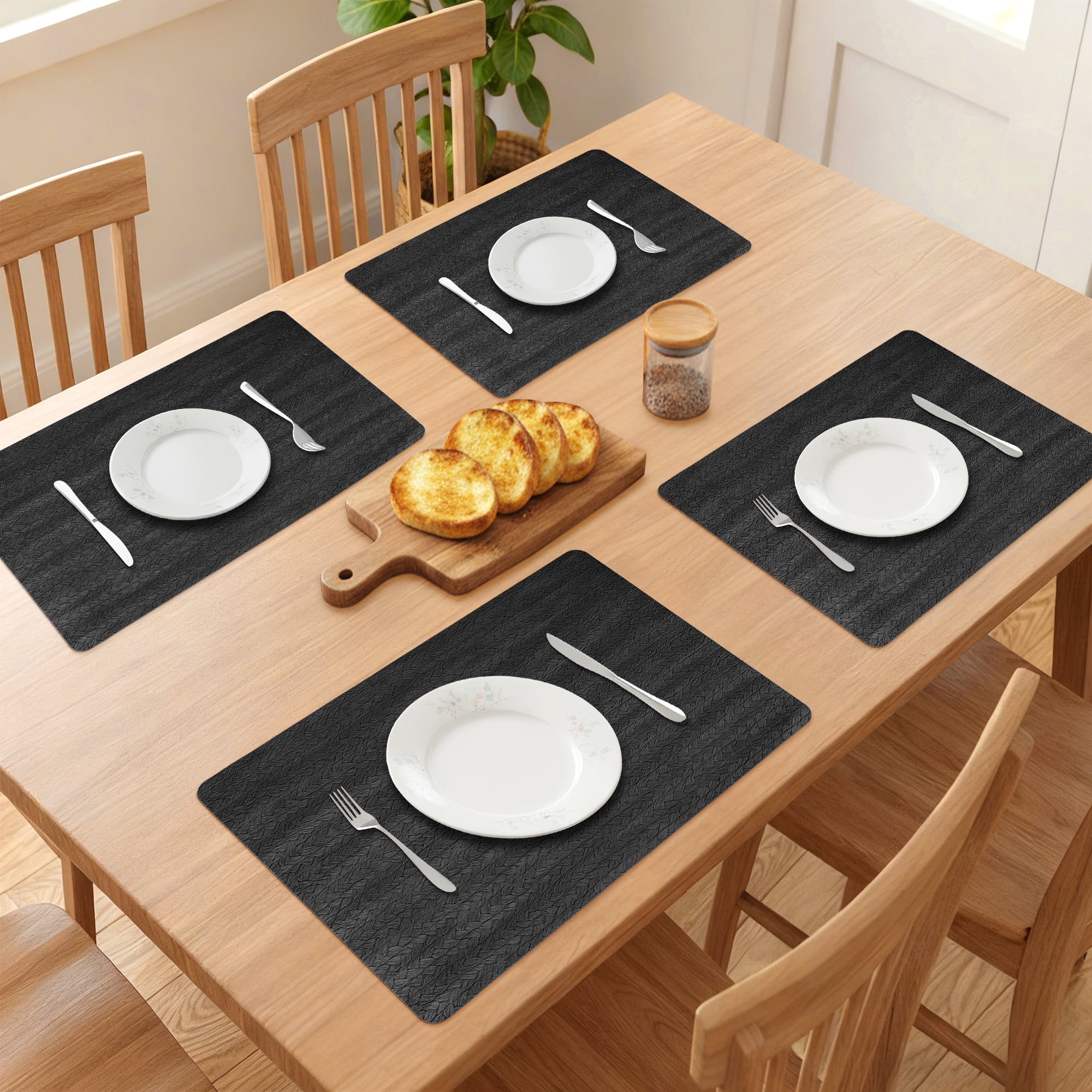Placemats Set of 6 Leather Placemats for Kitchen Dining Table Decor Table Placemats Imitation Weaving Table Mat Black 17.7*11.8inch