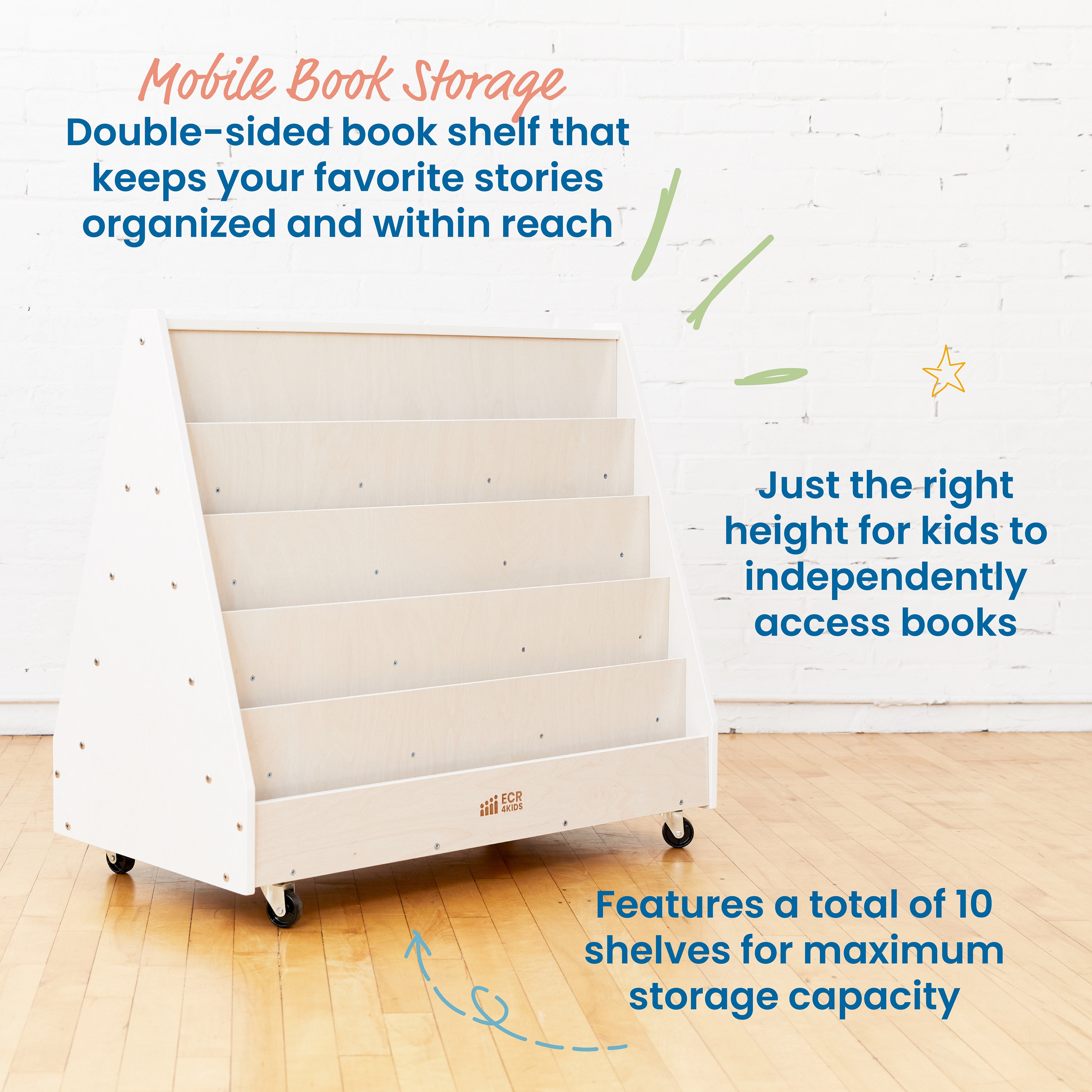 ECR4Kids Double-Sided Wooden Mobile Book Display and Storage, Montessori Furniture, White Wash