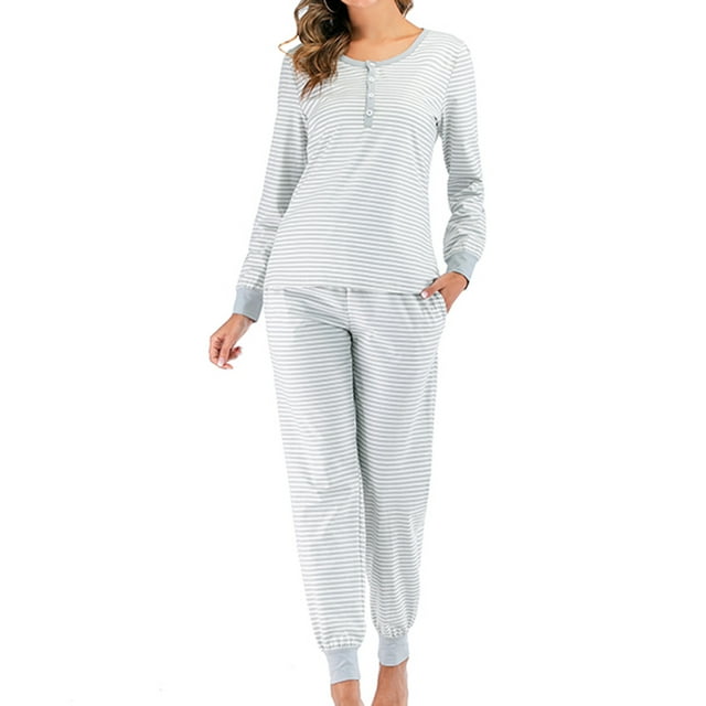 AherBiu Ensembles de Pyjamas à Manches Longues 2 Pcs pour Femmes, Hauts à Col Rond Boutonnés, Pantalons, Vêtements de Détente Rayés, Vêtements de Nuit