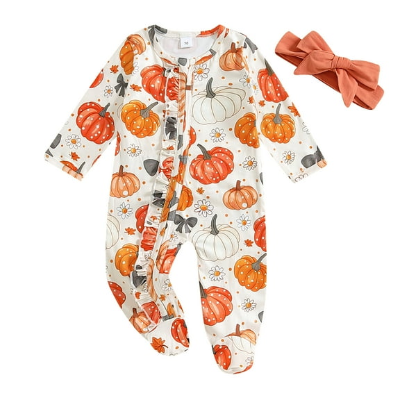 Elippeo Baby Girl Halloween Romper Pumpkin Print Long Sleeve Ruffled Zipper Jumpsuit with Headband 2 Pcs Set 3 6 12 18 Months