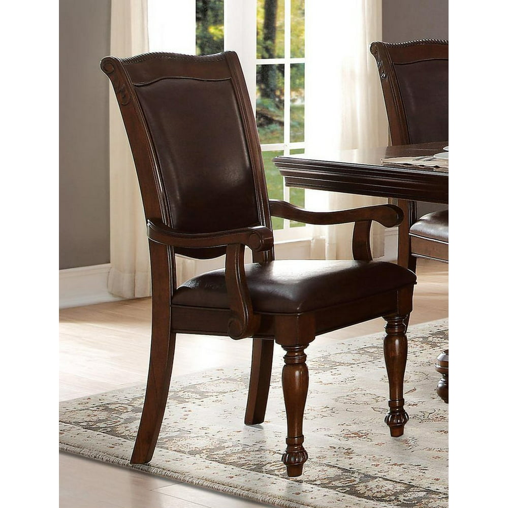Traditional Style Wood & Leather Dining Side Arm Chair, Brown & Dark