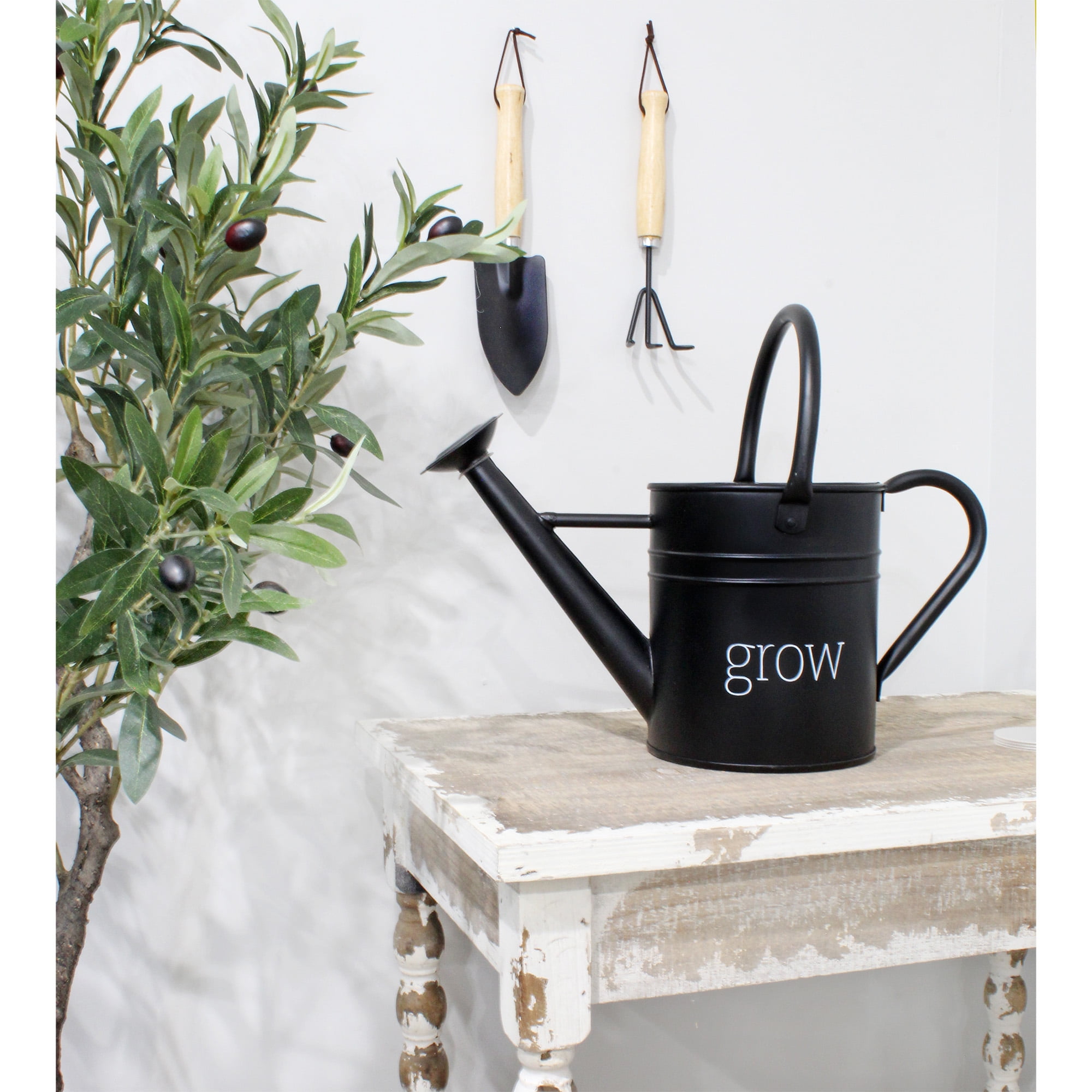 AuldHome Design Farmhouse Enamel Watering Can (Black); Rustic Metal Watering Pitcher for Home Decor and Gardening