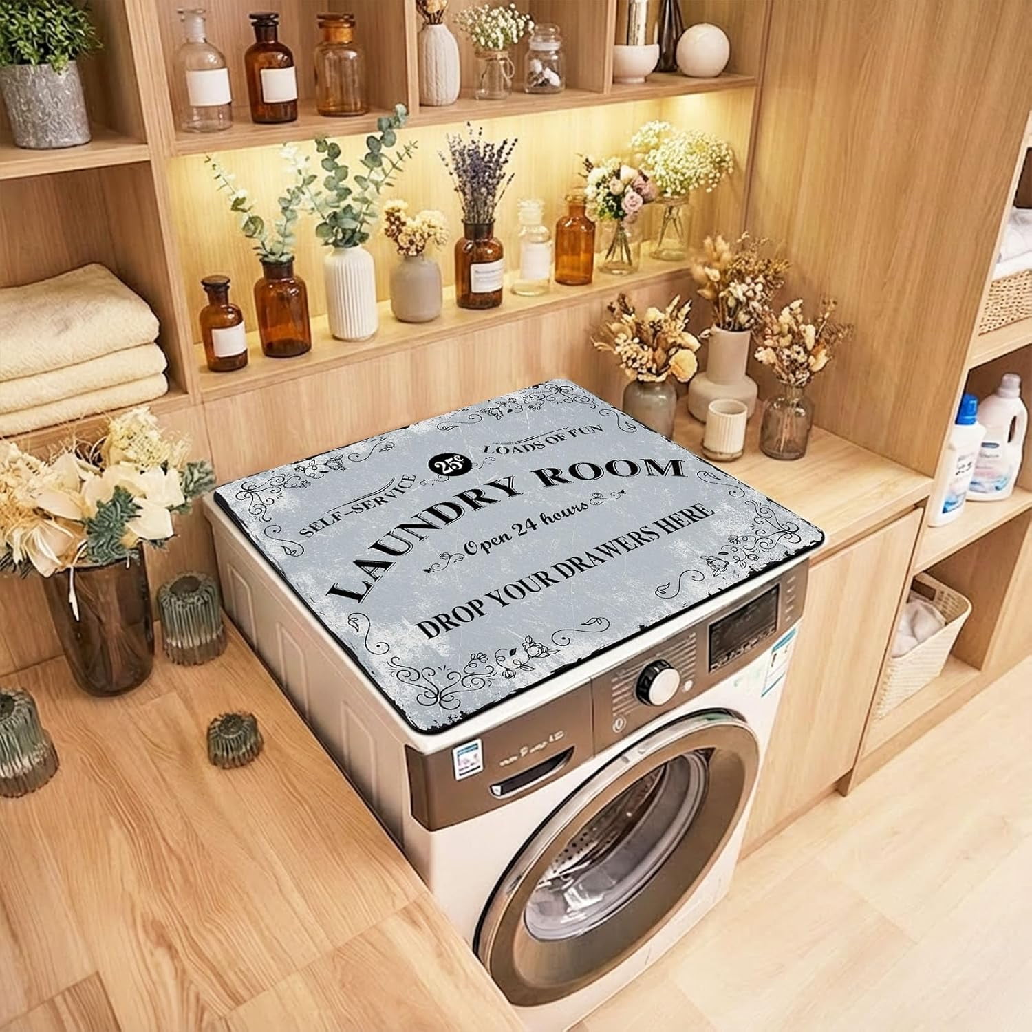 Non-Slip Washer & Dryer Top Cover Protector Mat Dust-Proof Washing Machine Cover Pad With Vintage Gray Laundry Sign Design Universal 23.6"x19.7" for Laundry Room & Kitchen Decor
