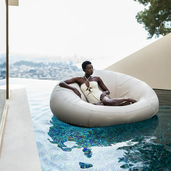 California Sun Cucciolo Round Luxury Inflatable Fabric Sun Lounger Pool Float Chaise (Beige)