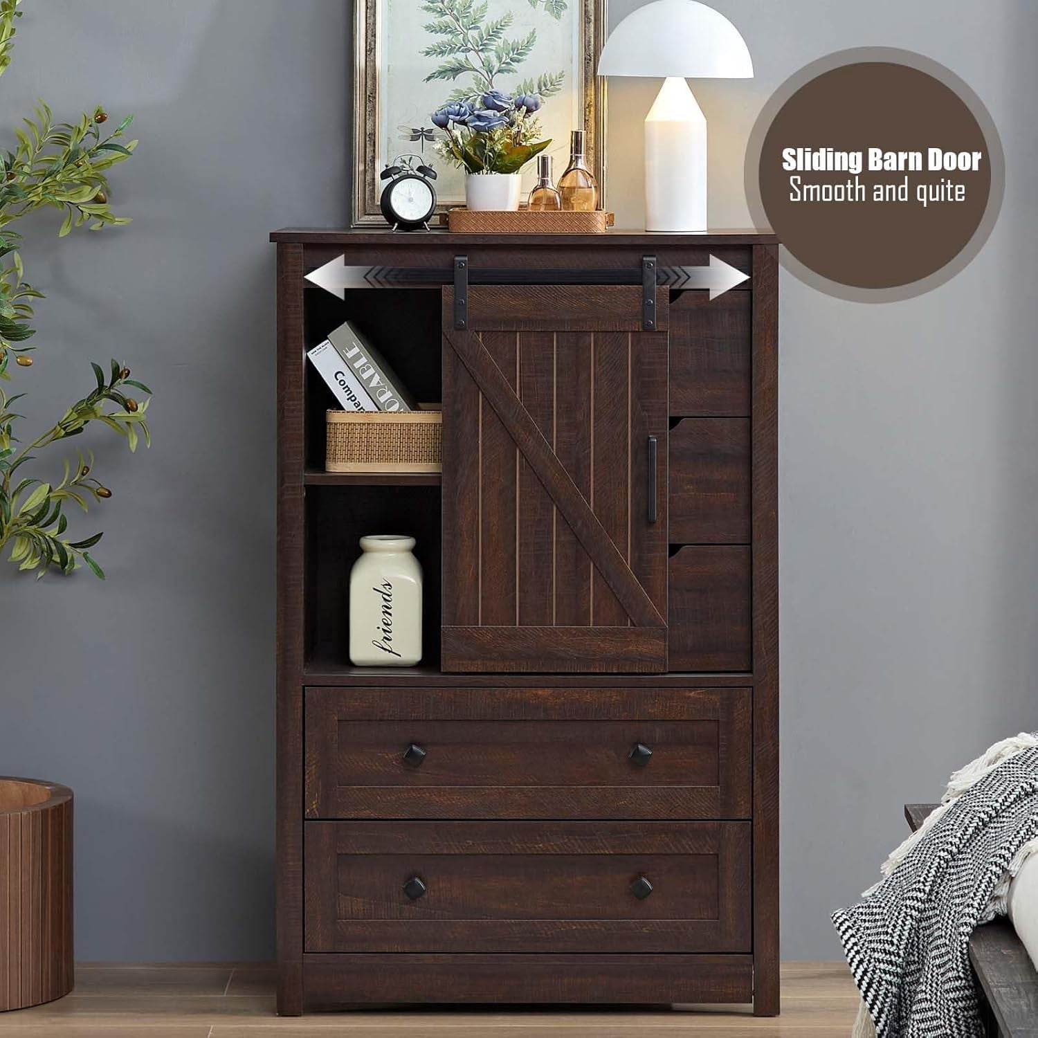 BOSHIRO 5-Drawer Sliding Barn Door Dresser, Espresso Brown Finish, Farmhouse Tall Chest for Bedroom and Living Room